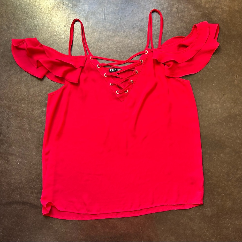 Express Women's Vibrant Red Lace-Up flutter sleeve Blouse- size large
